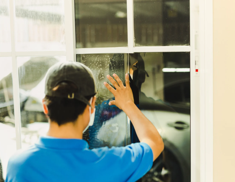 man doing window safety film installation